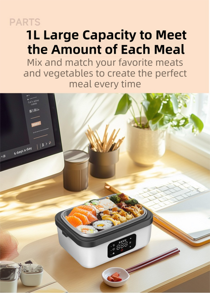 Black and blue 1L wireless waterless heated lunch box with stainless steel liner