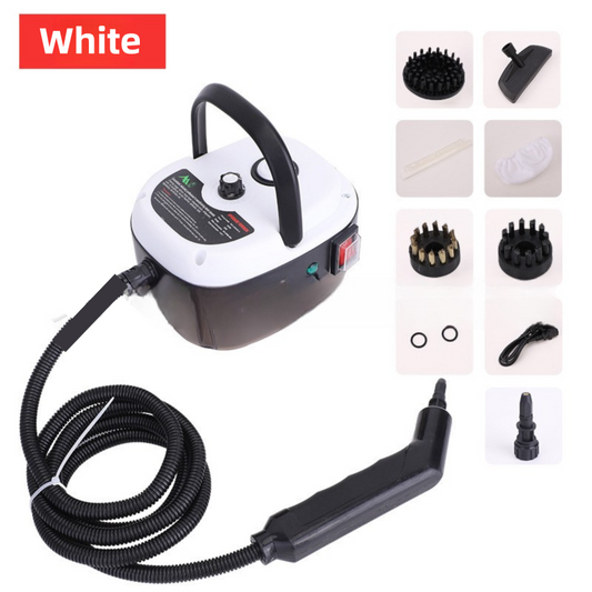 White portable steam cleaner with tank, hose and brush attachments