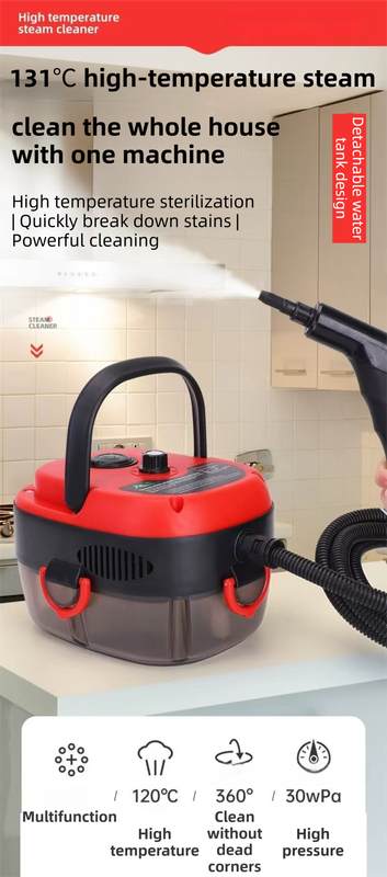 White portable steam cleaner with tank, hose and brush attachments