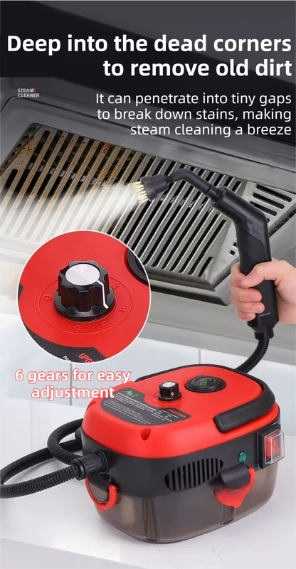 White portable steam cleaner with tank, hose and brush attachments