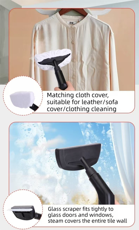White portable steam cleaner with tank, hose and brush attachments