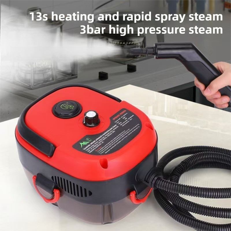 White portable steam cleaner with tank, hose and brush attachments