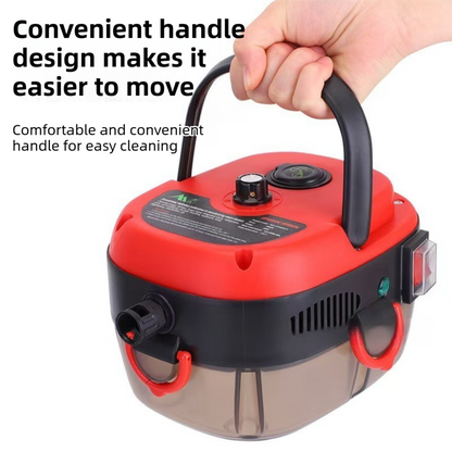 White portable steam cleaner with tank, hose and brush attachments