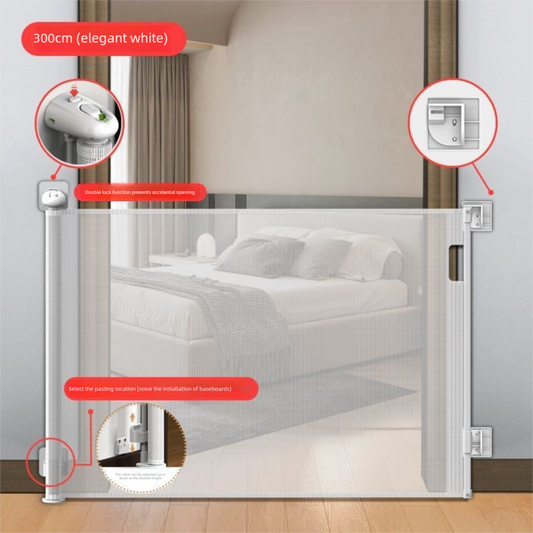 White retractable mesh safety gate mounted across a doorway