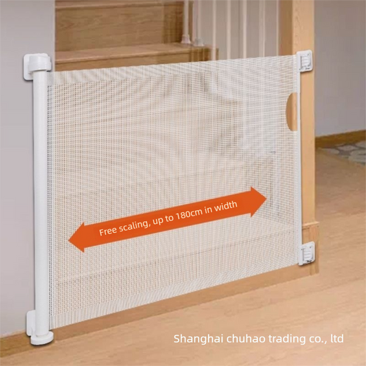 White retractable mesh safety gate mounted across a doorway