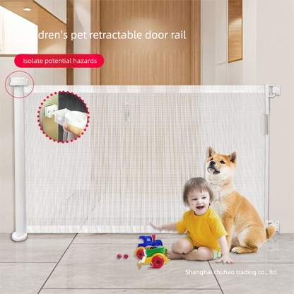White retractable mesh safety gate mounted across a doorway