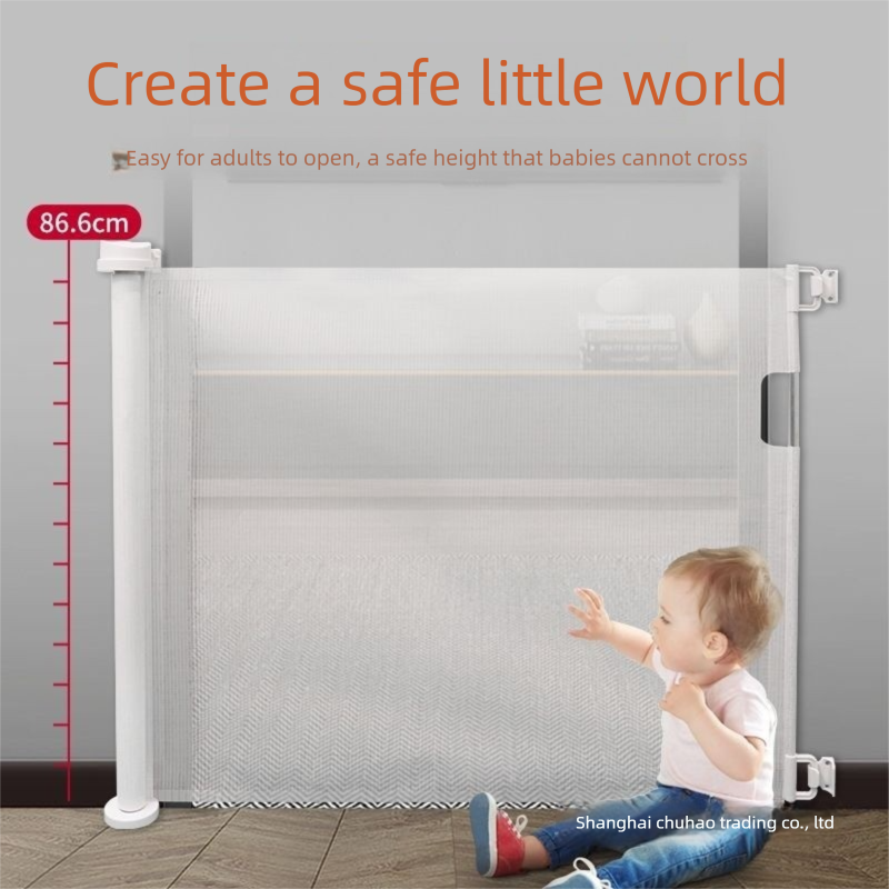 White retractable mesh safety gate mounted across a doorway