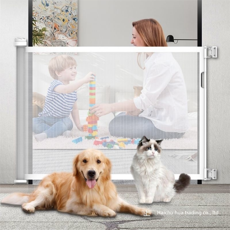 White retractable mesh safety gate mounted across a doorway