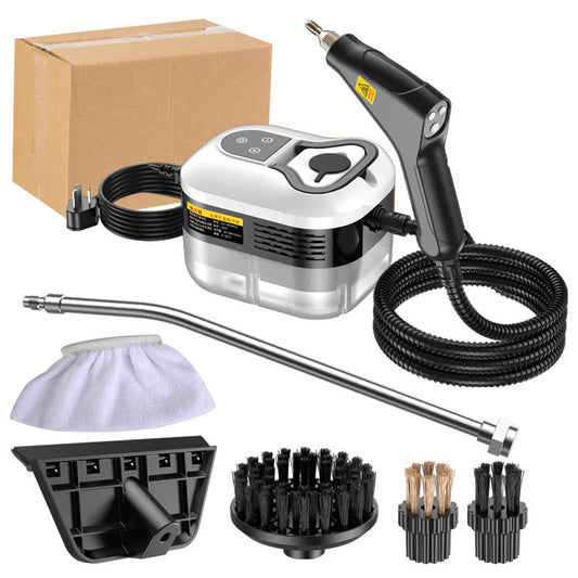 White and black digital steam cleaner with hose, handle and accessories