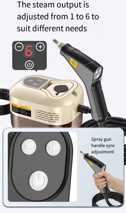 White and black digital steam cleaner with hose, handle and accessories
