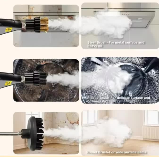 White and black digital steam cleaner with hose, handle and accessories