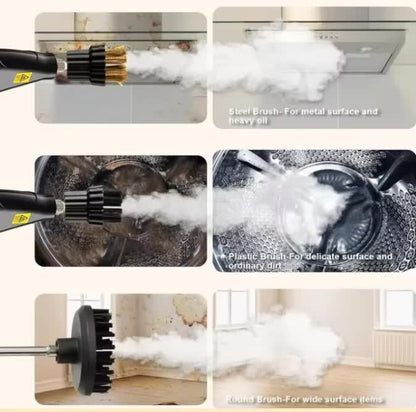 White and black digital steam cleaner with hose, handle and accessories