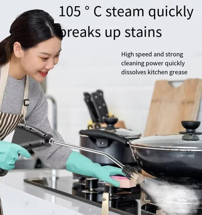 White and black digital steam cleaner with hose, handle and accessories