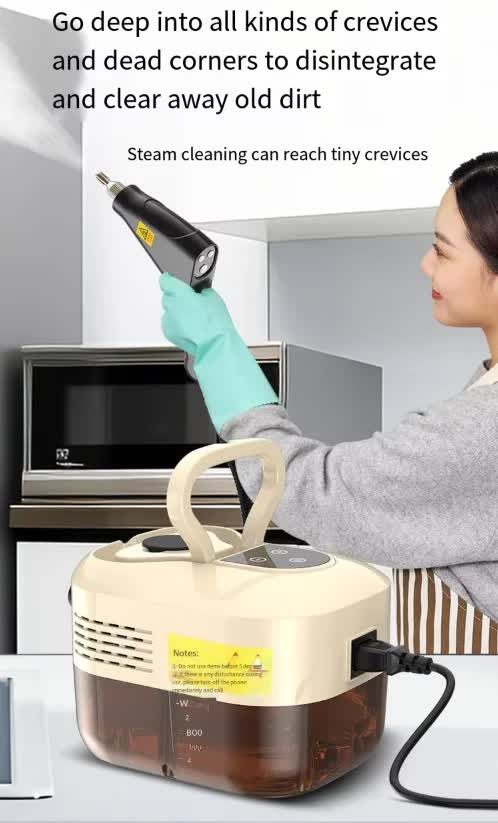 White and black digital steam cleaner with hose, handle and accessories