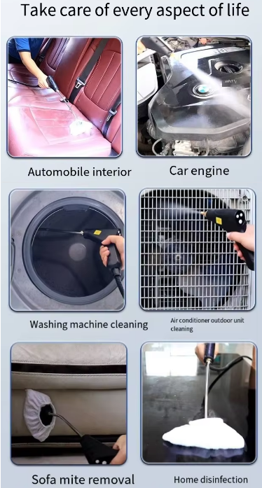 White and black digital steam cleaner with hose, handle and accessories