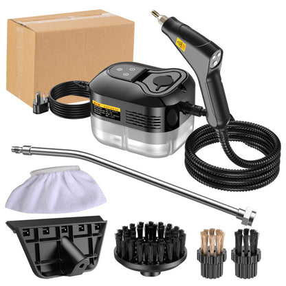 Black digital steam cleaner with display, hose and brush attachments
