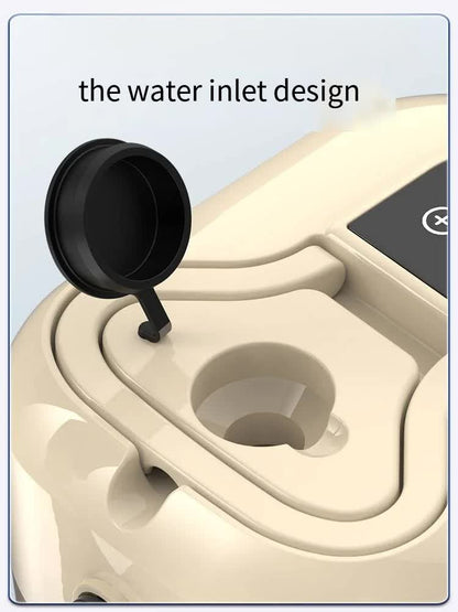 Black digital steam cleaner with display, hose and brush attachments