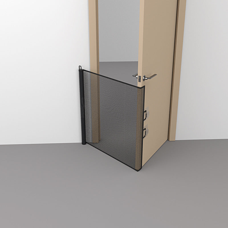 Black retractable mesh pet gate spanning a wide hallway