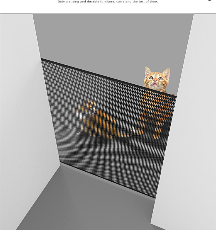 Black retractable mesh pet gate spanning a wide hallway