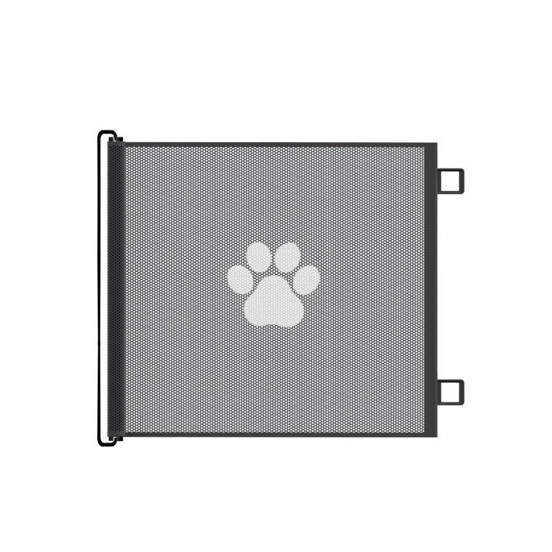 White retractable pet safety gate with paw print mesh across a doorway