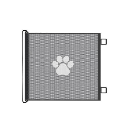 White retractable pet safety gate with paw print mesh across a doorway