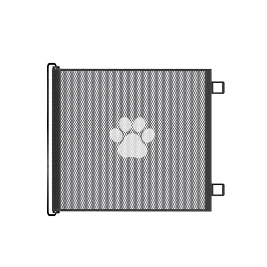 White retractable pet safety gate with paw print mesh across a doorway