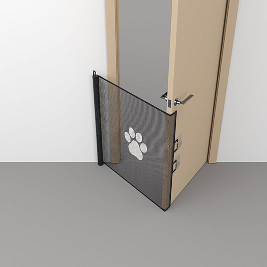 Retractable pet safety gate with paw print mesh across a doorway