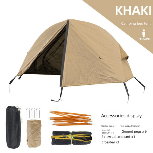 Khaki off-ground camping tent canopy with mosquito net over a camp cot