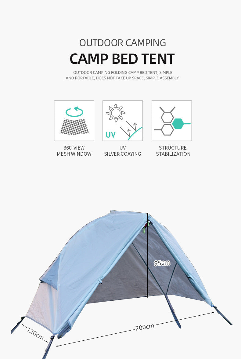 Khaki off-ground camping tent canopy with mosquito net over a camp cot