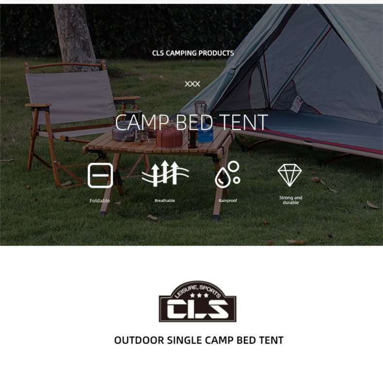 Khaki off-ground camping tent canopy with mosquito net over a camp cot