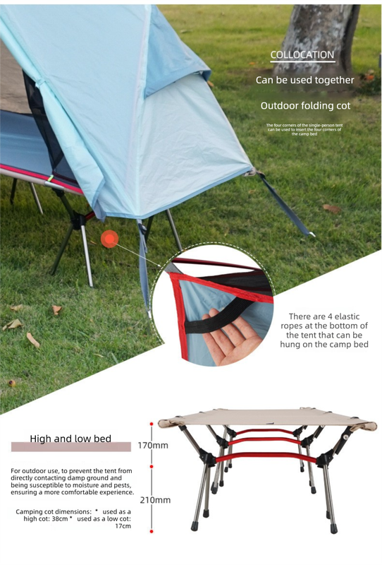 Khaki off-ground camping tent canopy with mosquito net over a camp cot