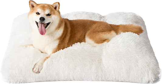 Creamy white long plush pet bed mat with soft faux fur finish and rectangular shape