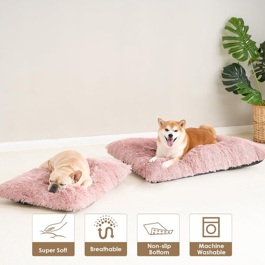 Creamy white long plush pet bed mat with soft faux fur finish and rectangular shape