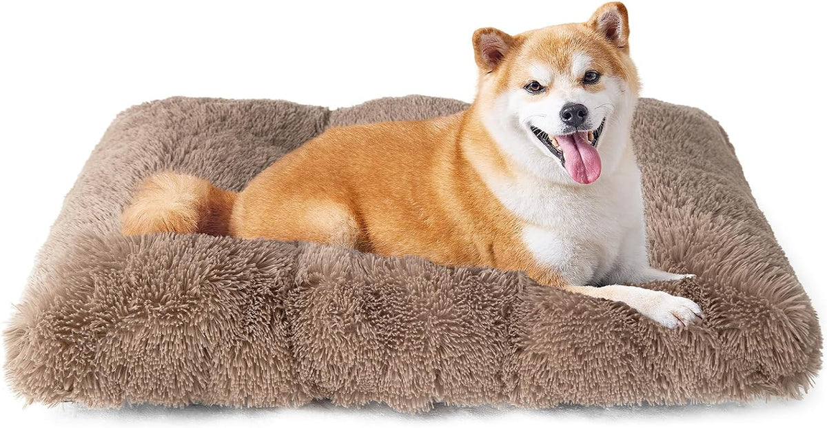 Brown long plush XXXL pet bed mat with flat rectangular shape