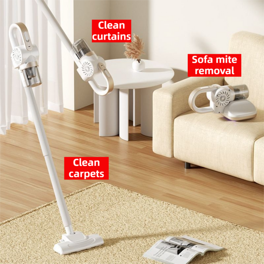 White cordless UV mite remover vacuum set with floor brush and mite head
