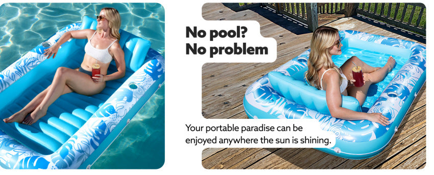 Pink inflatable suntan tub with pillow and cup holders on a lawn