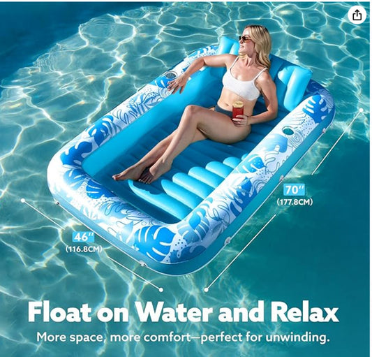 Transparent blue inflatable pool lounger floating with cup holders