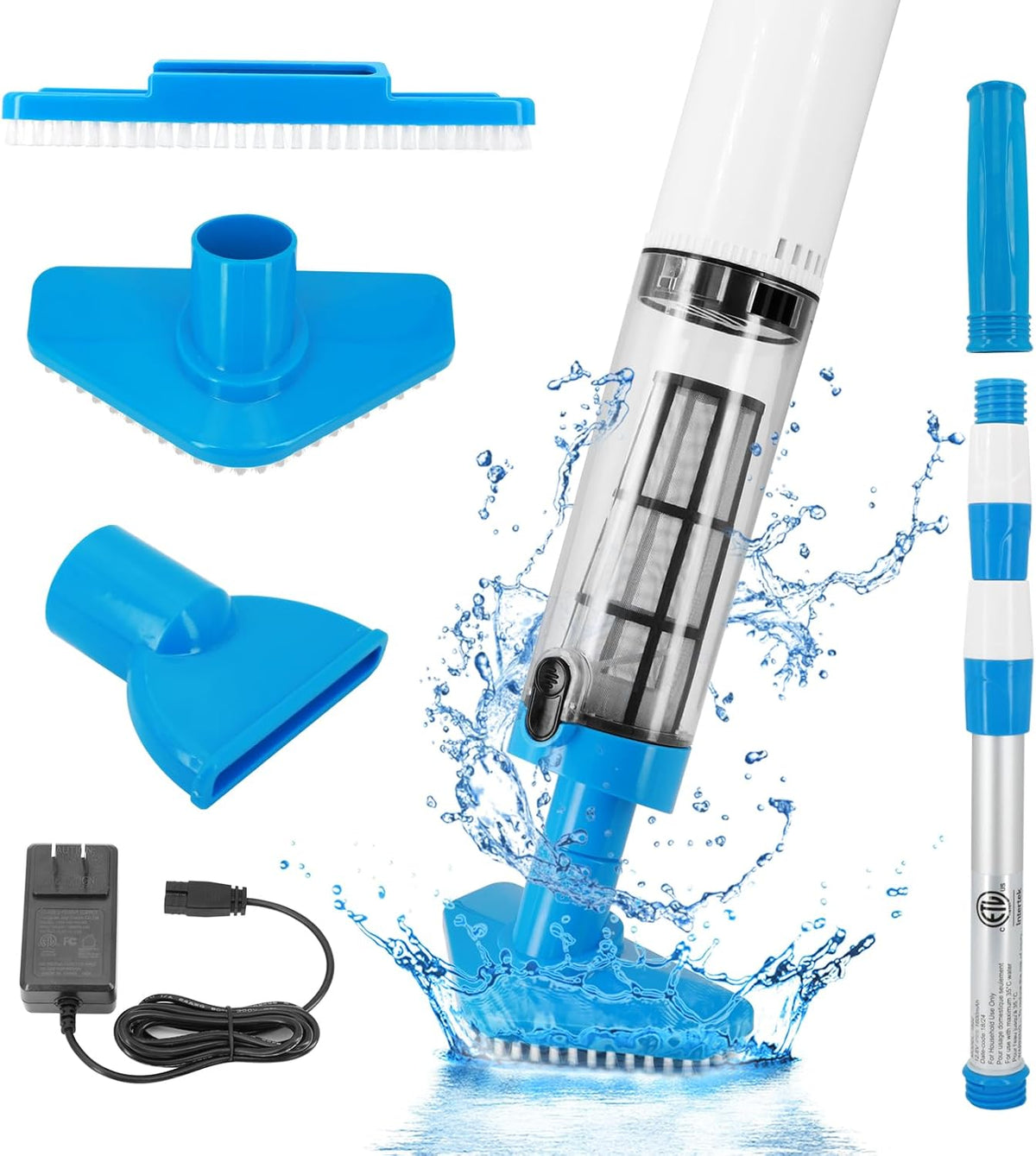 Blue cordless underwater pool vacuum with long handle and interchangeable cleaning heads