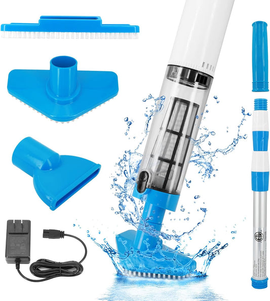 Blue cordless underwater pool vacuum with long handle and interchangeable cleaning heads