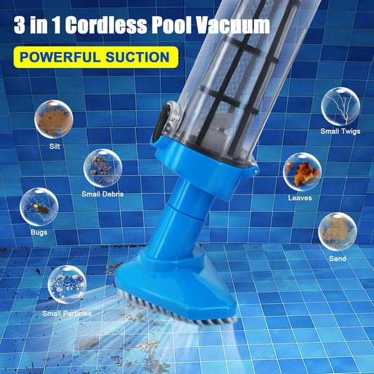 Blue cordless underwater pool vacuum with long handle and interchangeable cleaning heads