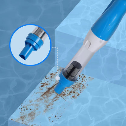 Blue cordless underwater pool vacuum with long handle and interchangeable cleaning heads