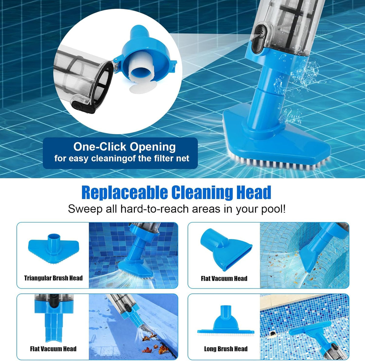 Blue cordless underwater pool vacuum with long handle and interchangeable cleaning heads