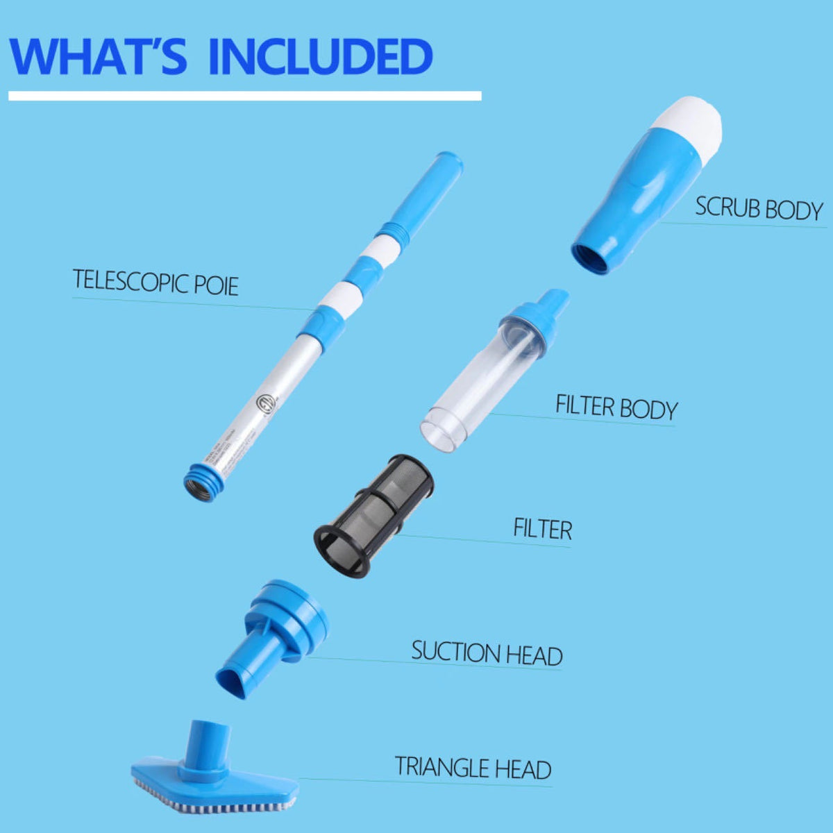 Blue cordless underwater pool vacuum with long handle and interchangeable cleaning heads