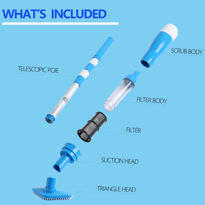 Blue cordless underwater pool vacuum with long handle and interchangeable cleaning heads