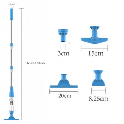 Blue cordless underwater pool vacuum with long handle and interchangeable cleaning heads