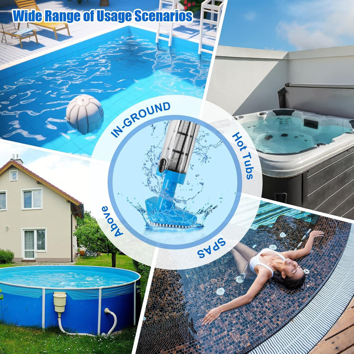 Blue cordless underwater pool vacuum with long handle and interchangeable cleaning heads