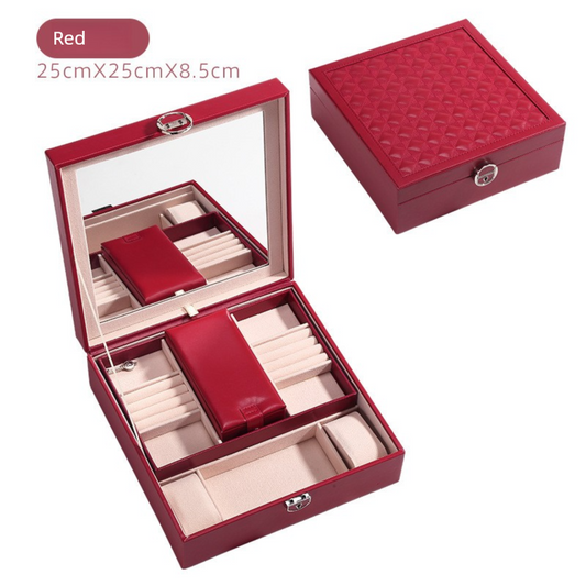 Large red PU leather jewellery box with mirror, lock and compartmented velvet lining