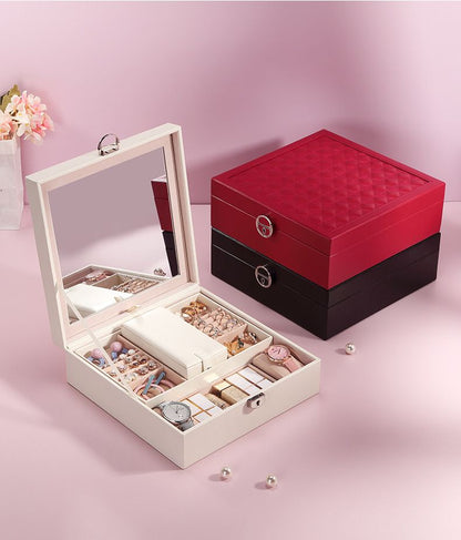 Large red PU leather jewellery box with mirror, lock and compartmented velvet lining
