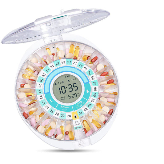 Automatic rotating pill dispenser with digital display and alarm controls