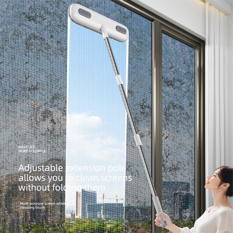 Extendable stainless handled brush cleaning a window flyscreen